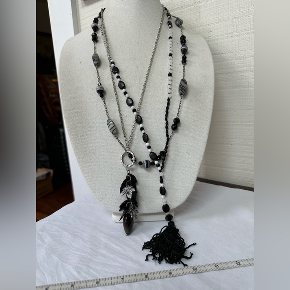 Three long silvertone and black statement necklaces - Picture 1 of 8